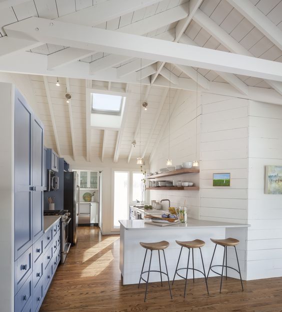 Benjamin Moore Stratford Blue Medium Blue Gray Paint Colors For Cabinets In A Kitchen Pictured Here With A Contrasting White Bar