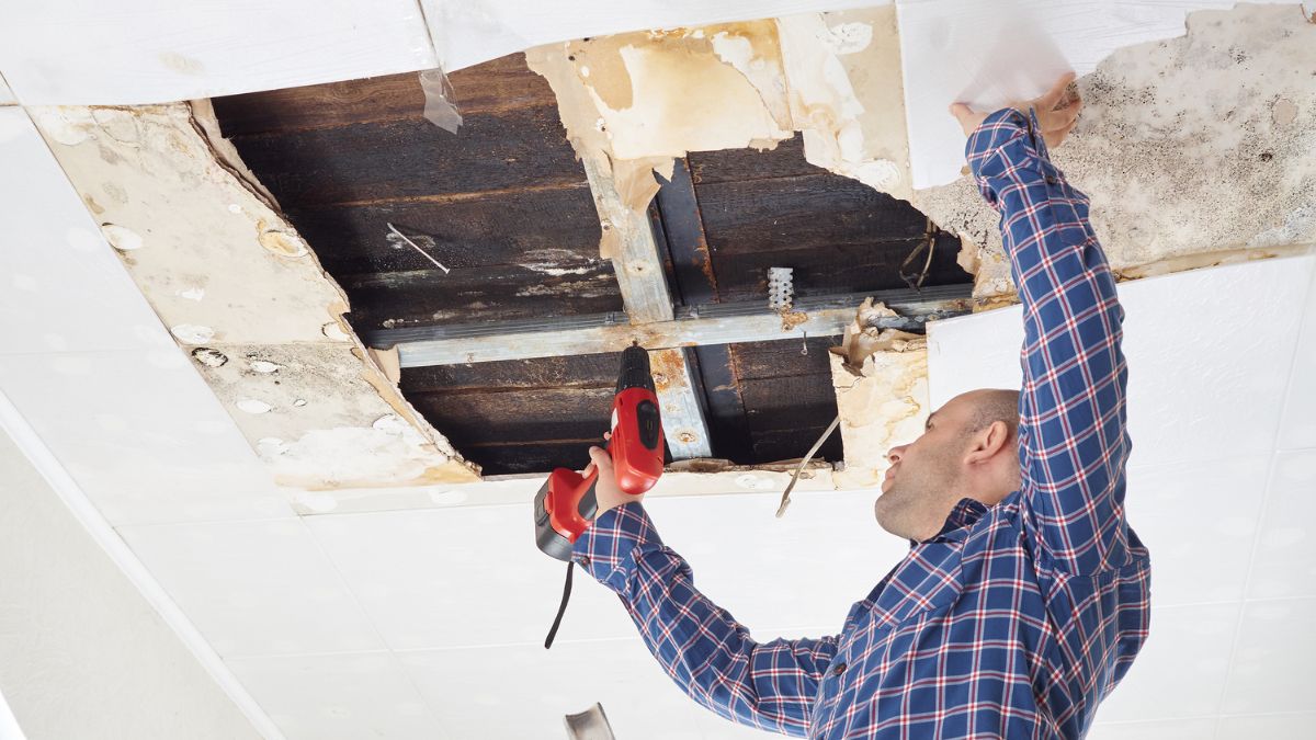 Ceiling panels damaged huge hole in roof from rainwater leakage