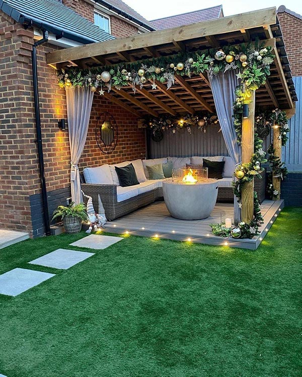 Pergola Patio Bowl Firepit Flowers