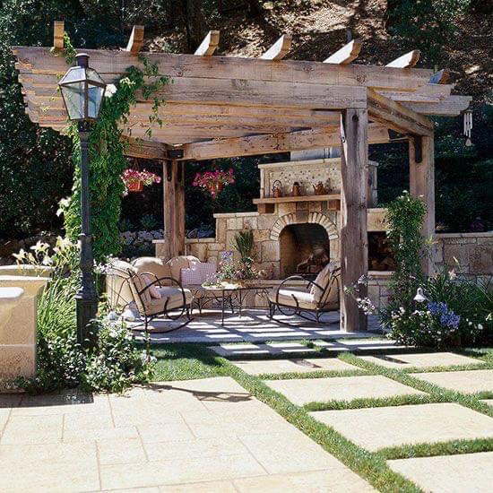 Round Pergola Fireplace Seating Concrete Pavers