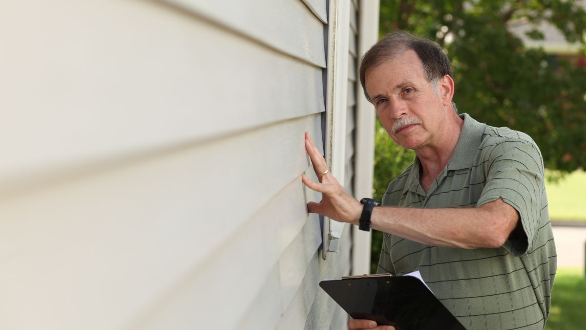 what will fail a VA home inspection - adult male with clipboard inspects vinyl siding on a residential home