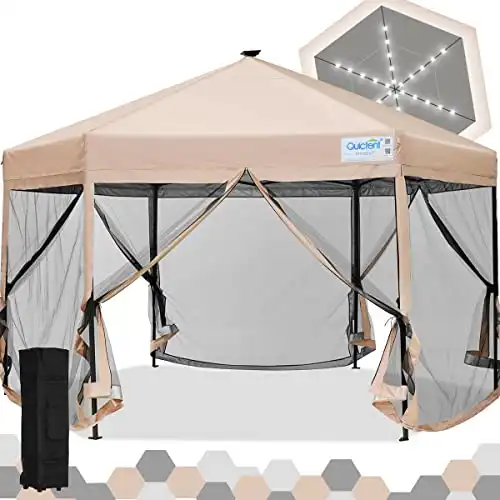 Quictent 13’ X 13’ Hexagonal Pop Up Gazebo Tent With Mosquito Netting With Led Lights Pop Up Canopy Tent ,Easy Up Screened Canopy Tent Gazebo (Beige)