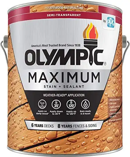 Olympic Maximum Wood Stain And Sealer For Decks, Fences, Siding, And Other Outdoor Wood Structures, Semi-Transparent, Redwood Naturaltone, 1 Gallon