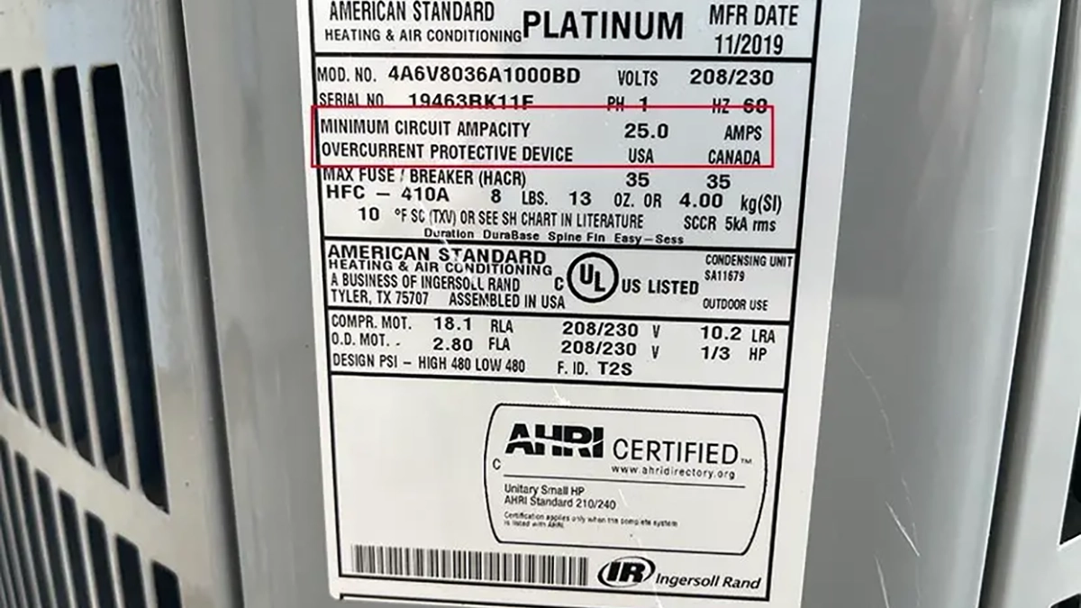 Minimum Ampacity Heat Pump